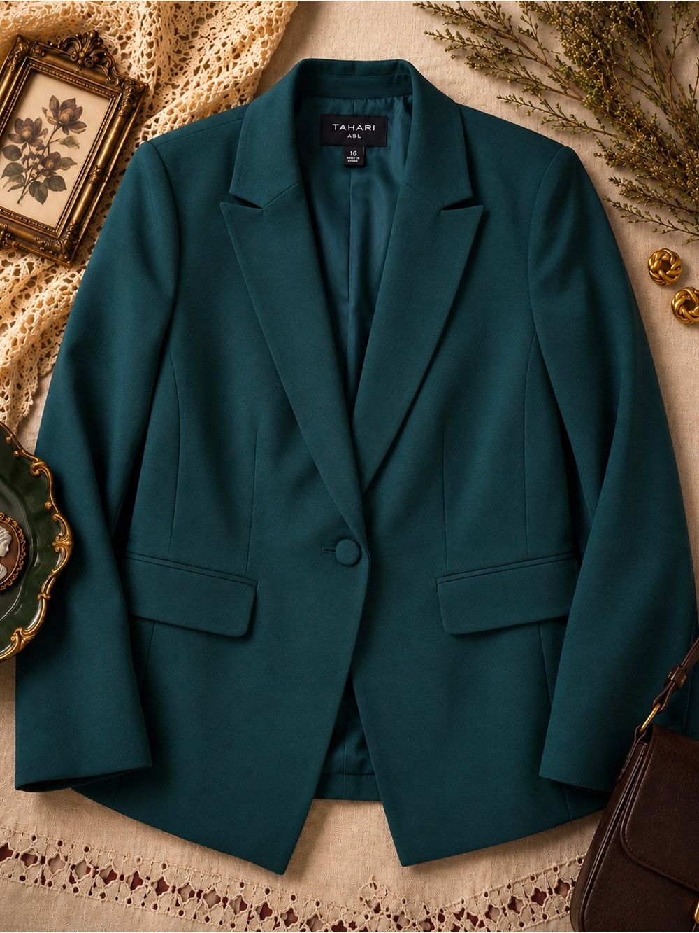 Tahari ASL Hunter Green One Button Blazer NWT Size 16 Career Jacket